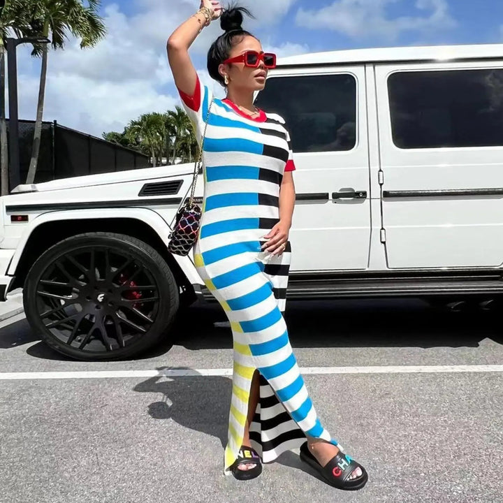 Colorblock Striped Slit T-Shirt Maxi Dress