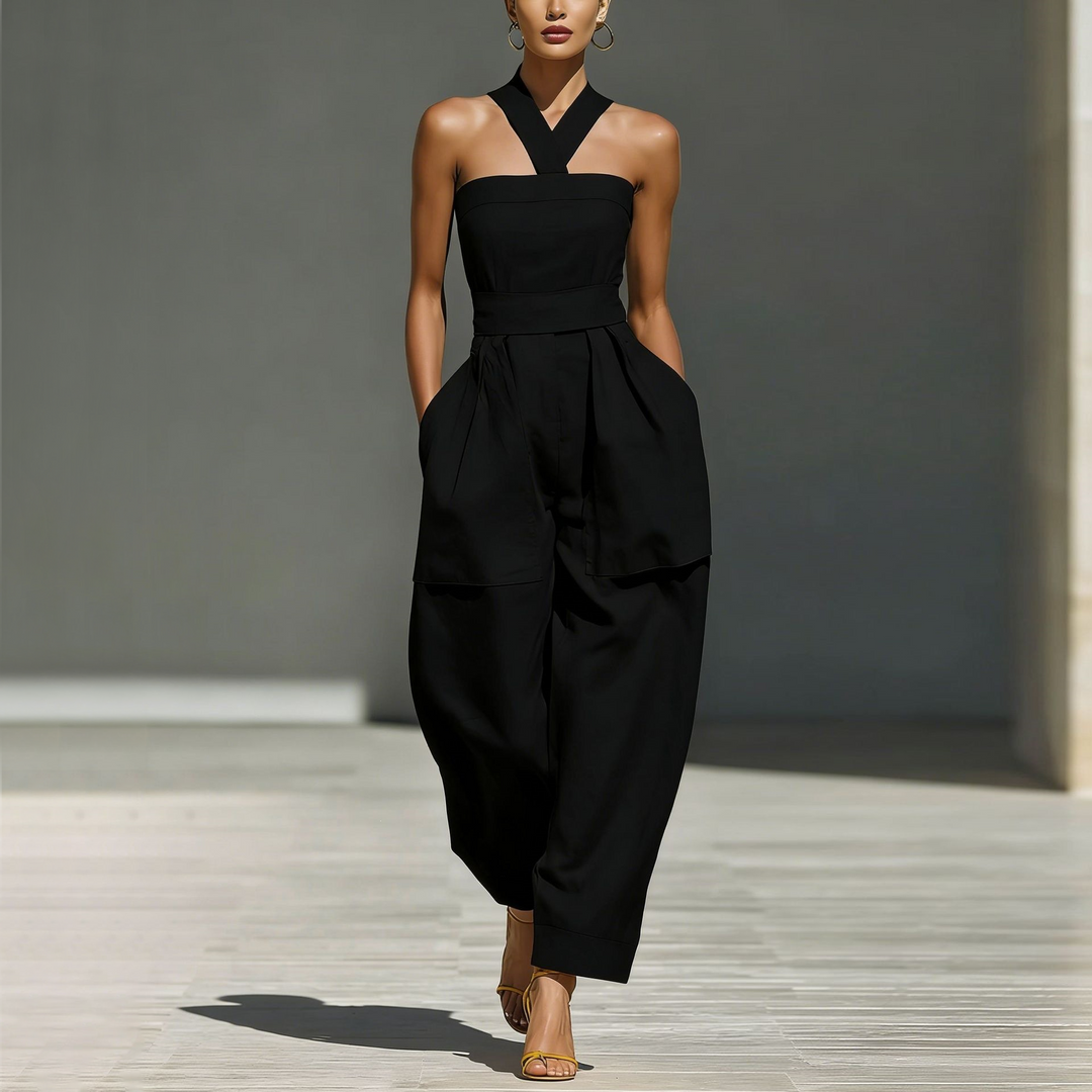 Linen Blend Cross-Front Wide Leg Jumpsuit