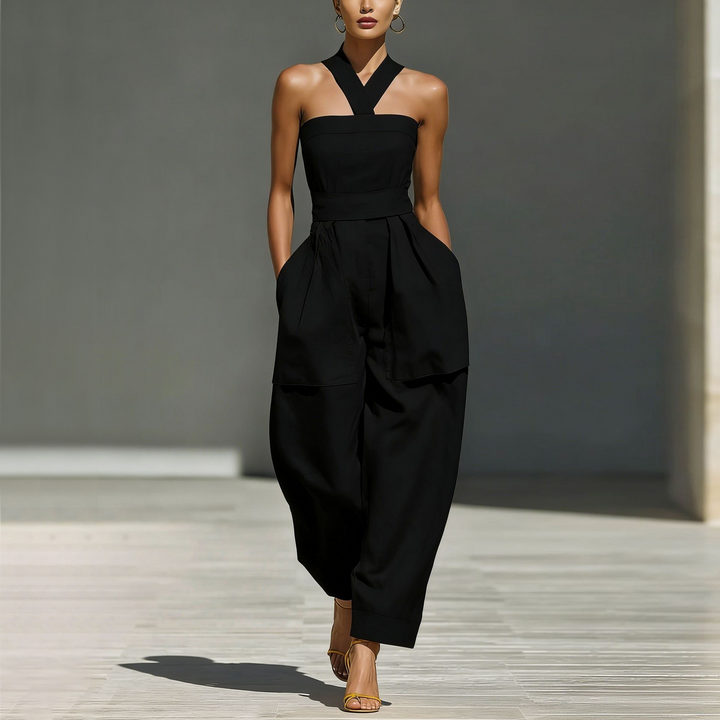 Linen Blend Cross-Front Wide Leg Jumpsuit