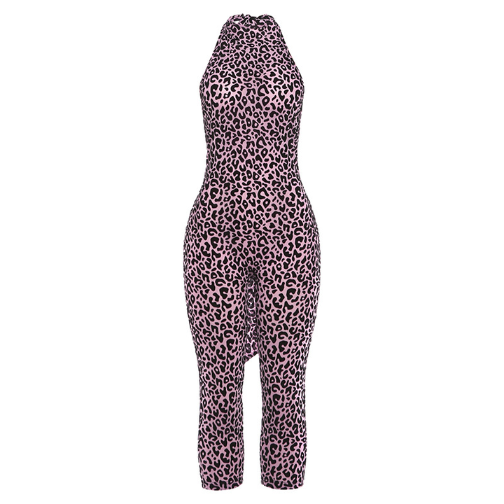 Women’s Leopard Print Bodycon Jumpsuit – Backless Design