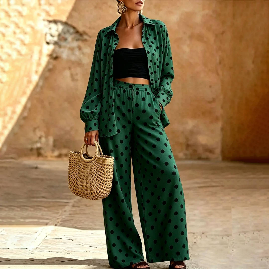 French Polka Dot Wide Leg Pants Set Q