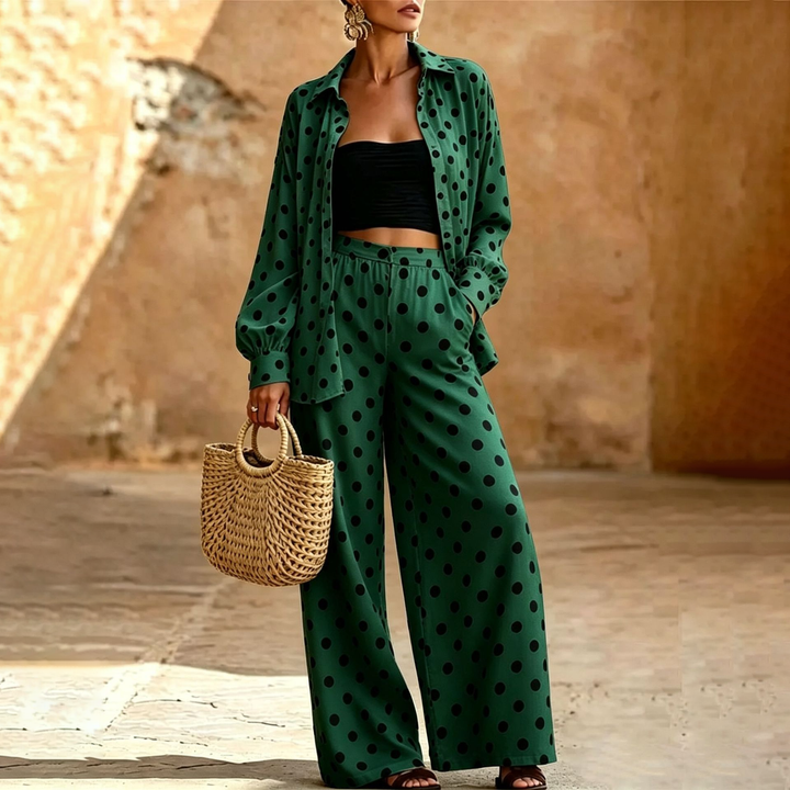 French Polka Dot Wide Leg Pants Set Q