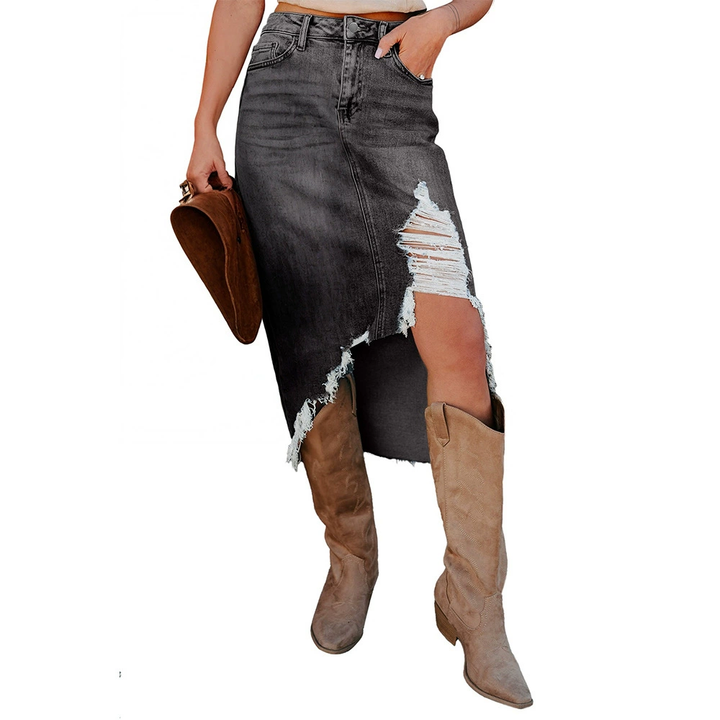 Asymmetrical Distressed Denim Midi Skirt