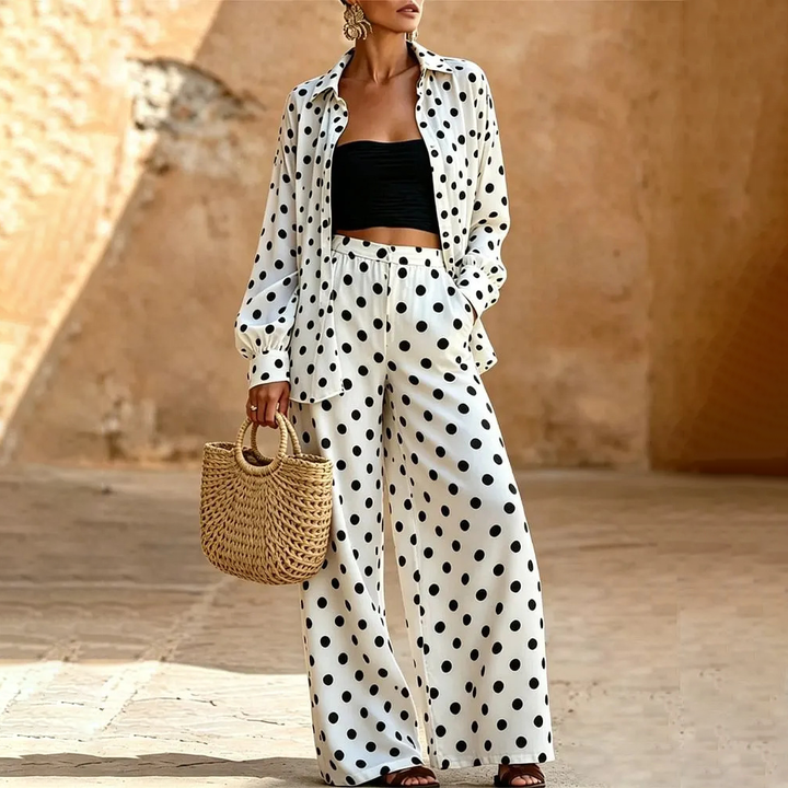 French Polka Dot Wide Leg Pants Set Q