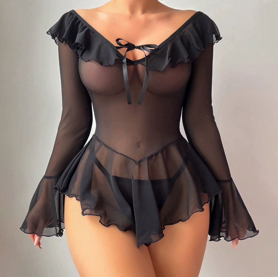 Mesh off-shoulder bell sleeve nightgown