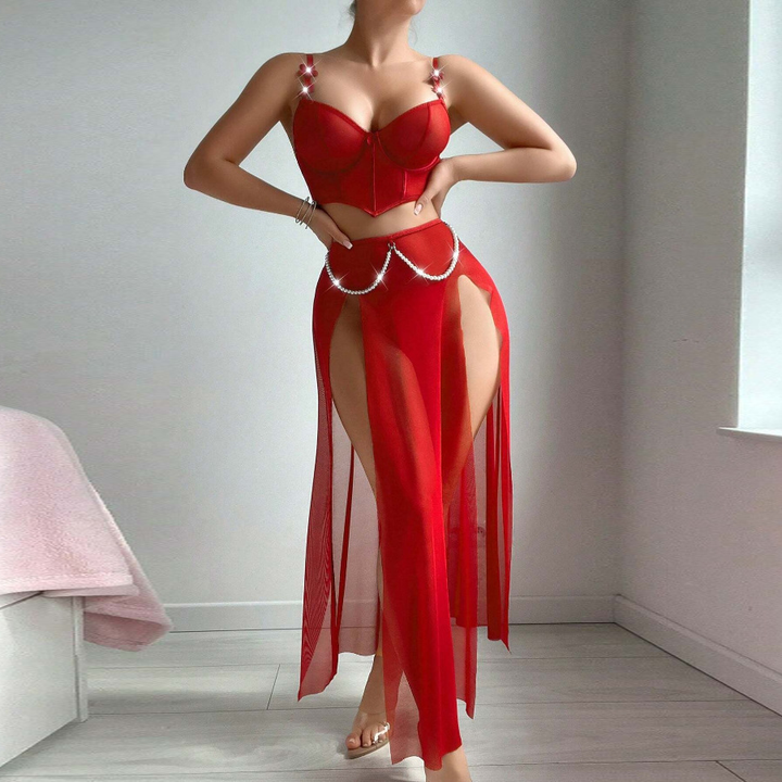 Plus Size Sheer Mesh Slit Lingerie Dress with Underwire Cups