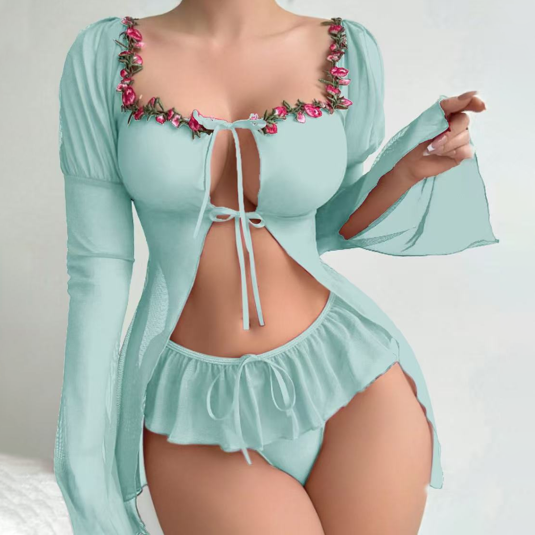 Women’s Sheer Mesh Lingerie Set – Floral Trim