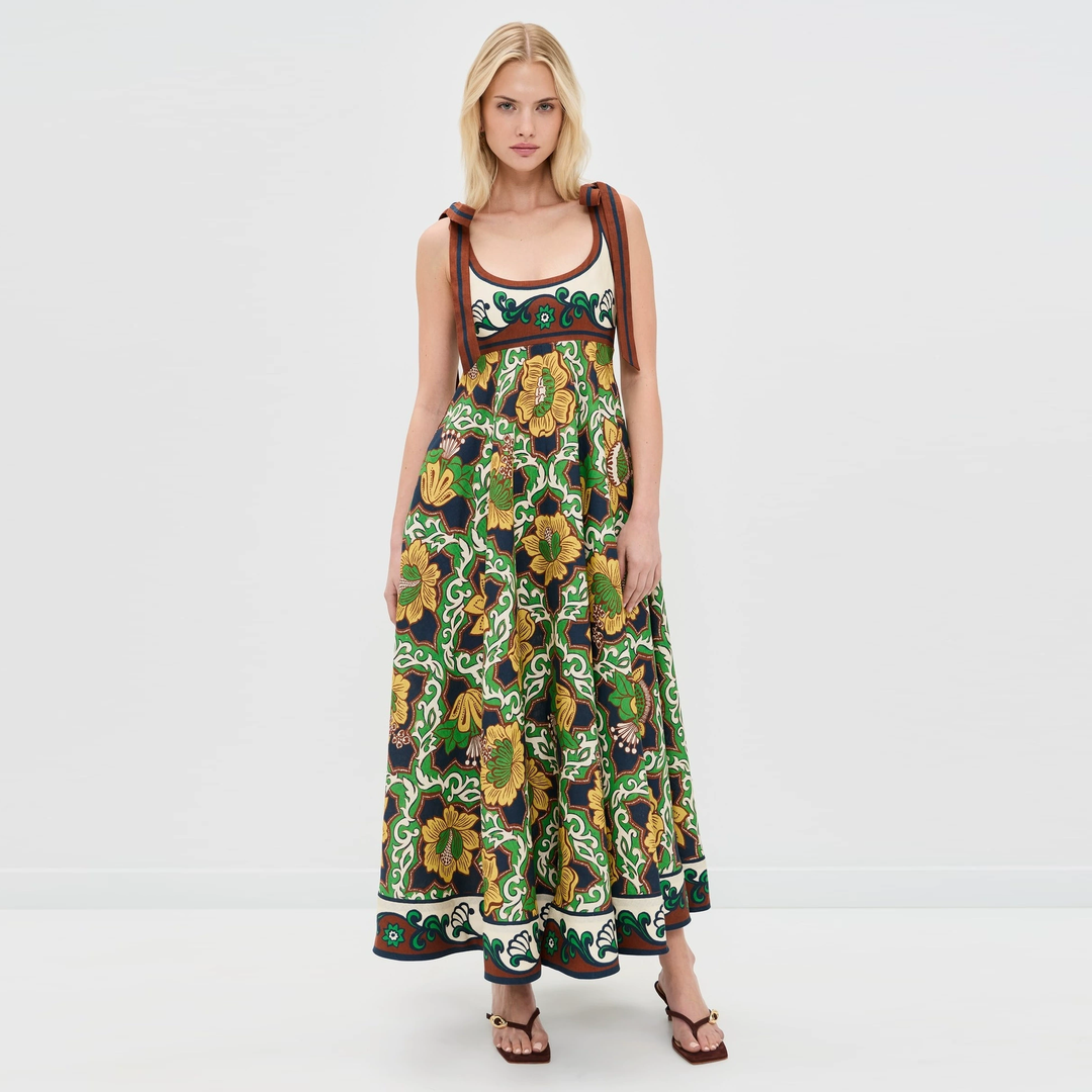 Artisan Tie-Shoulder Botanical Print Maxi Dress
