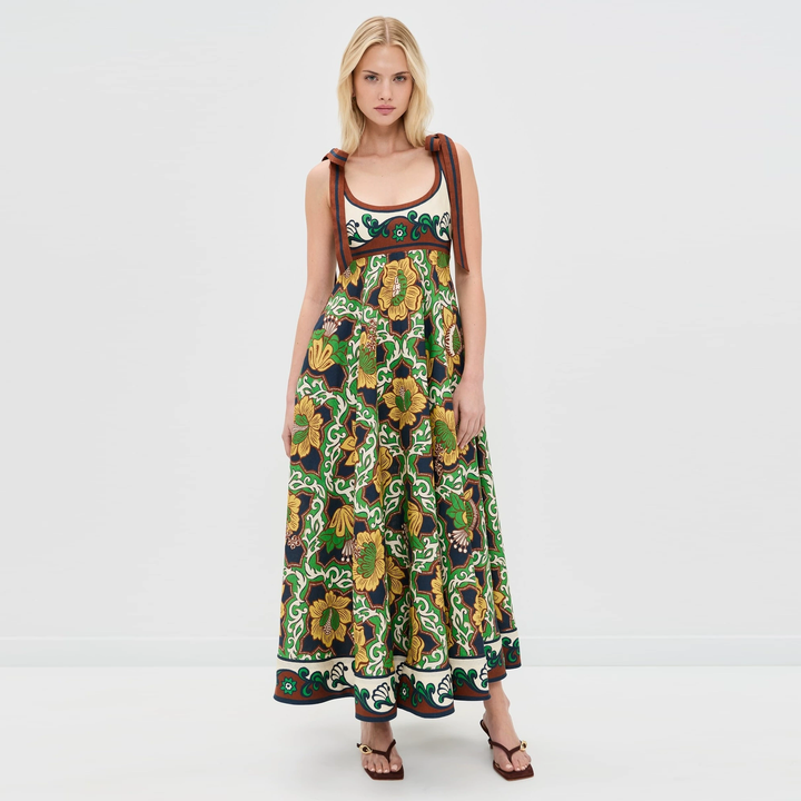 Artisan Tie-Shoulder Botanical Print Maxi Dress