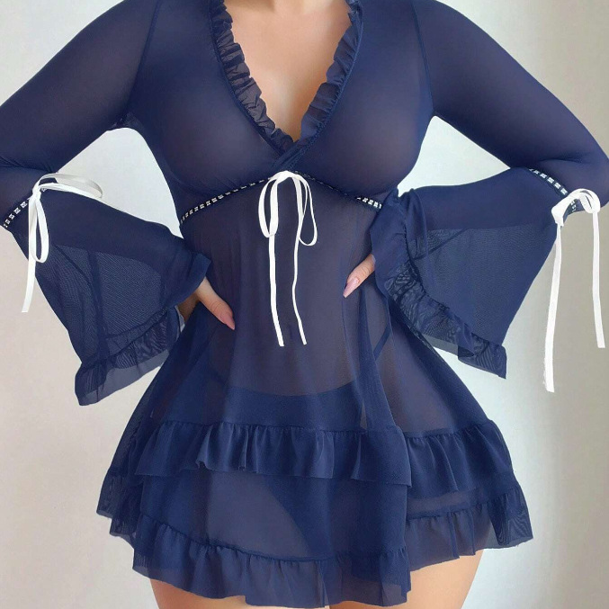 Women’s Lace Mesh Polka Dot Babydoll Lingerie Set