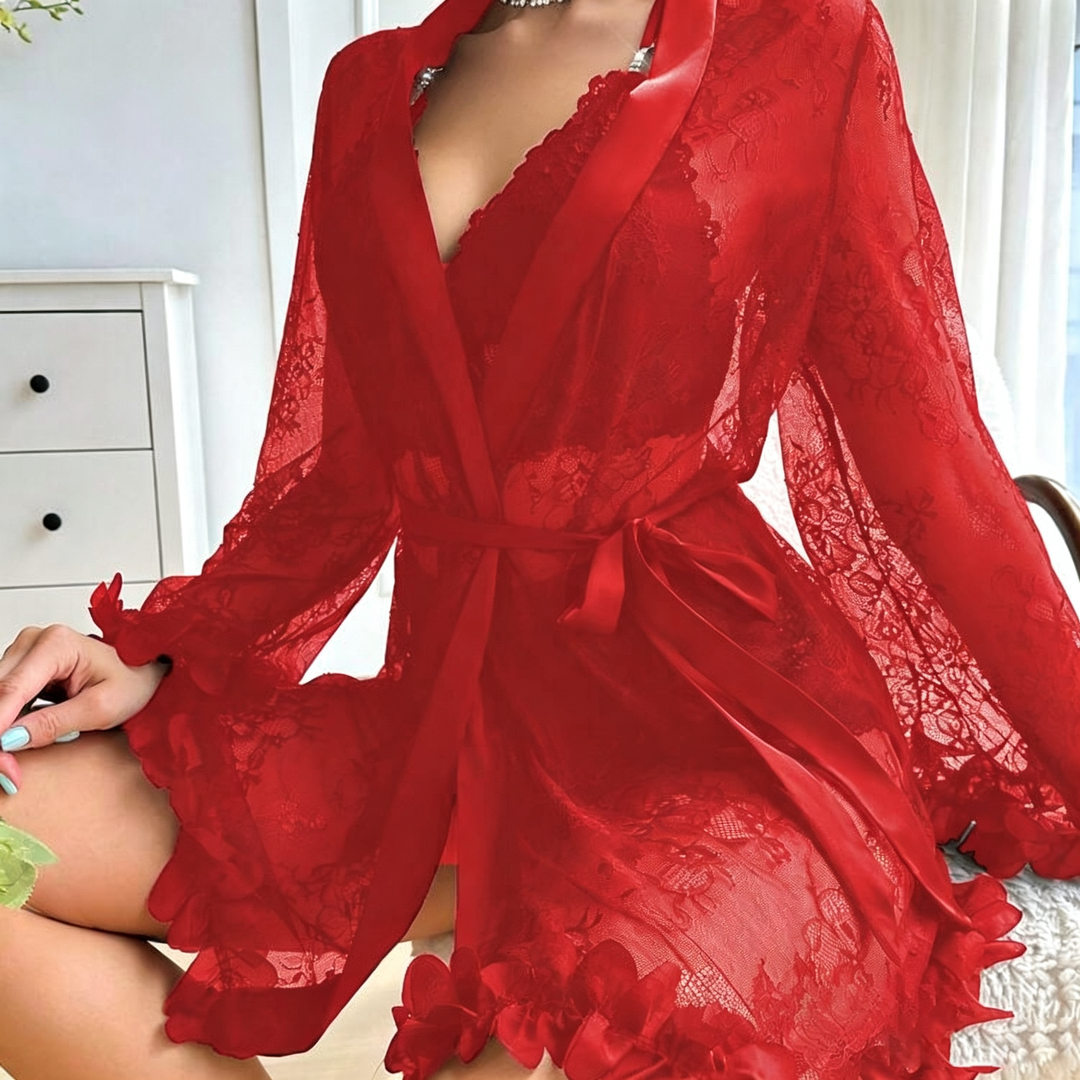 Women’s Lace Lingerie Set – 3-Piece with Robe