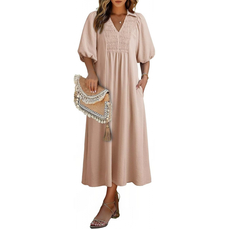 Relaxed Smocked V-Neck Midi Dress