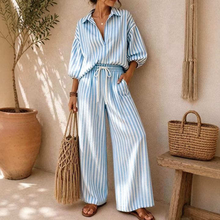 French Striped Shirt Wide Leg Pants Set