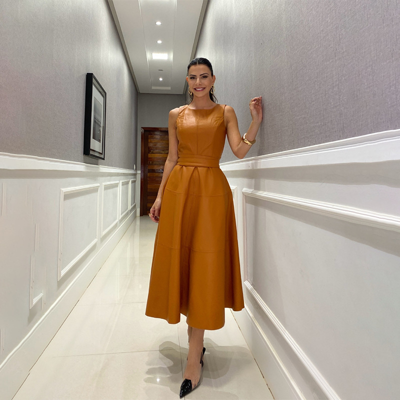 Elegant Faux Leather Midi Dress