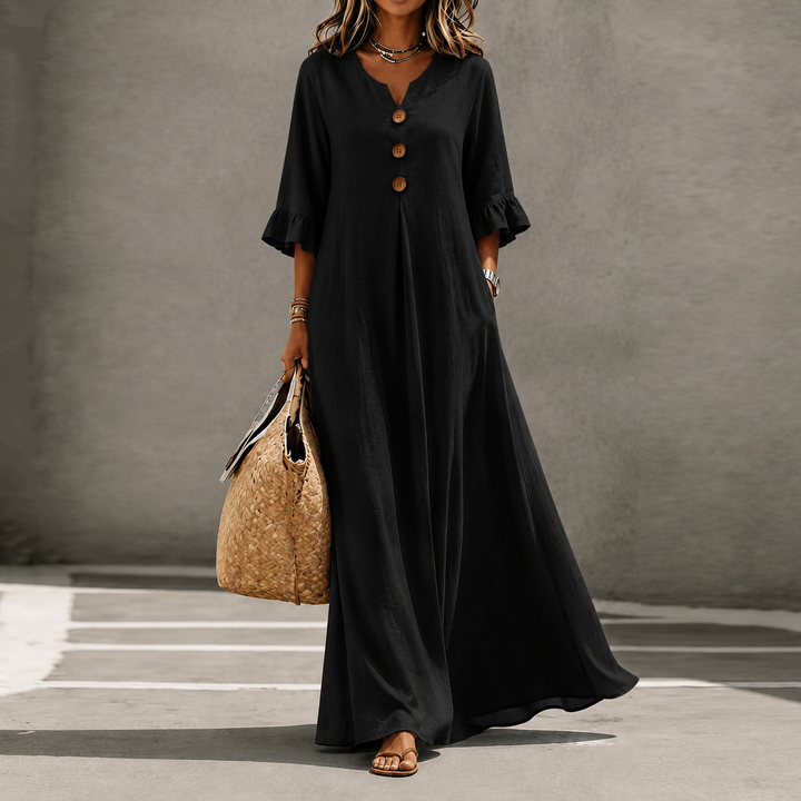 Relaxed Linen Blend Henley Maxi Dress
