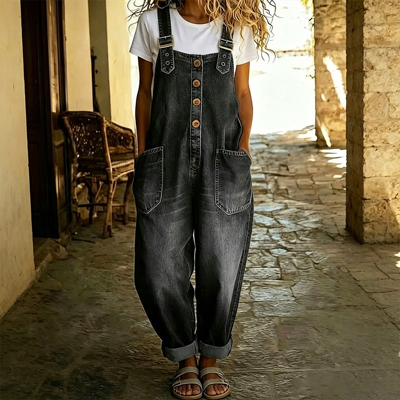 Vintage Washed Wide Leg Denim Overalls