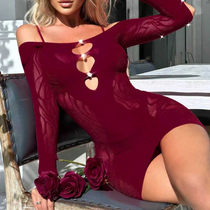 Women’s Off-Shoulder Mesh Mini Dress – Cutout Detail