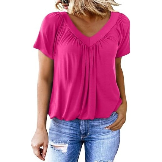 Casual V-Neck Shirred Short Sleeve Top