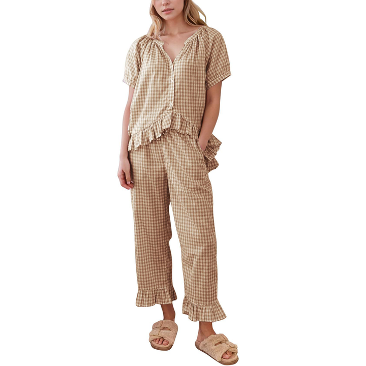 Elegant plaid ruffle casual suit