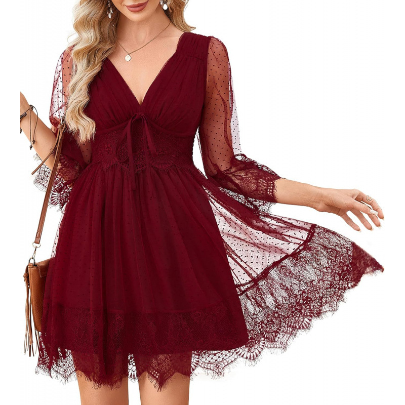 Elegant Lace Trim Swiss Dot Mini Dress