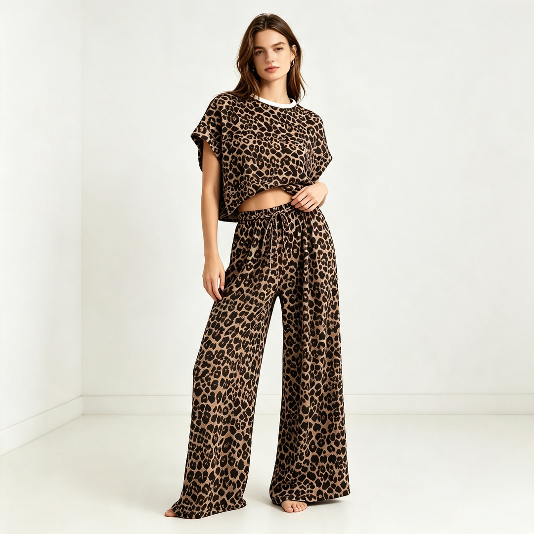 Leopard print short-sleeved wide-leg pants loungewear set