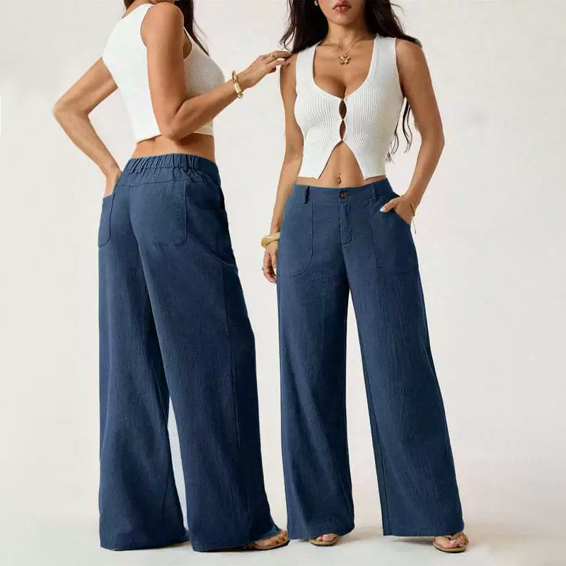 Linen Blend Mid Rise Wide Leg Pants