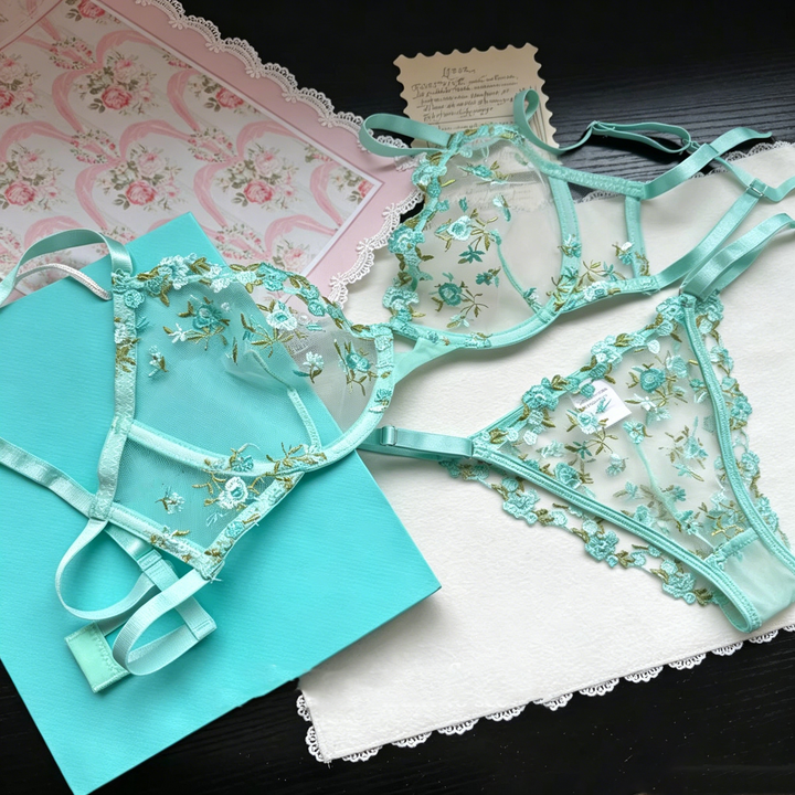 French Embroidered Tulle Underwire Bra Set