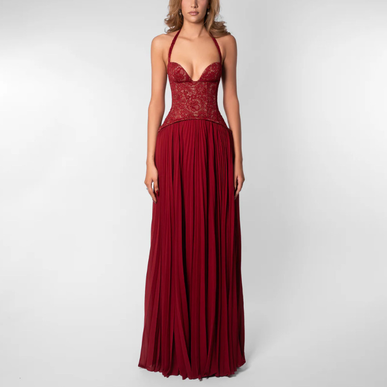 Elegant Halter Pleated Maxi Dress