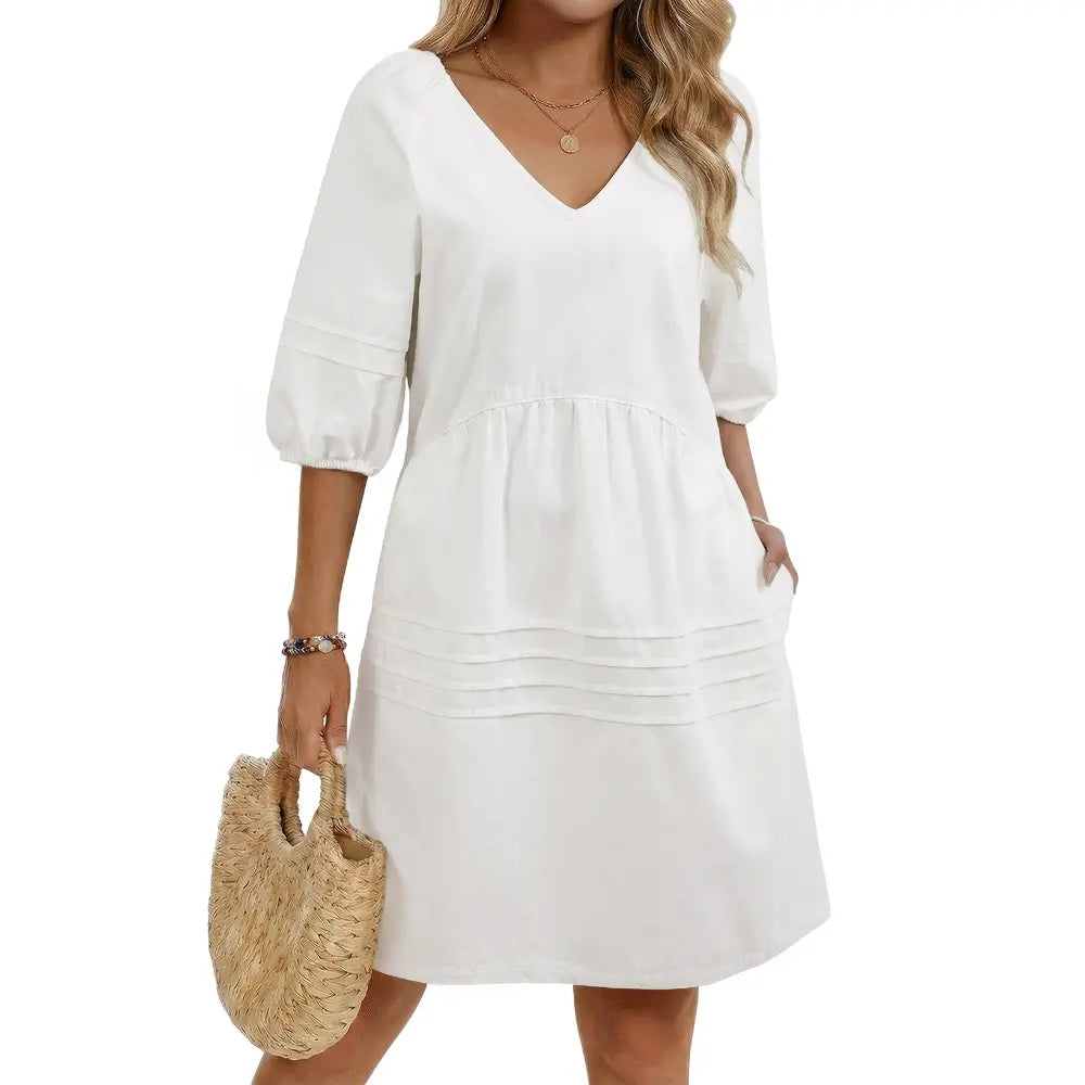 V-Neck Puff Sleeve Chambray Denim Dress