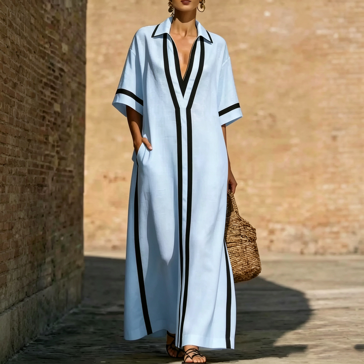 Contrast Trim Collared Maxi Dress