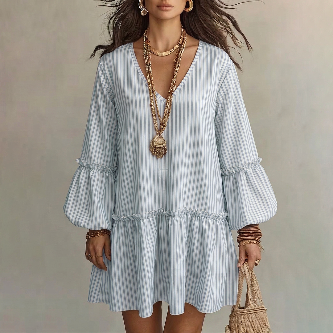 Elegant Striped Puff Sleeve Dress