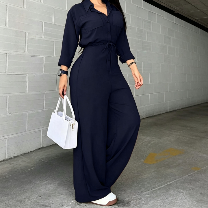 Women’s Collared Jumpsuit – Wide Leg &amp; Belted Waist