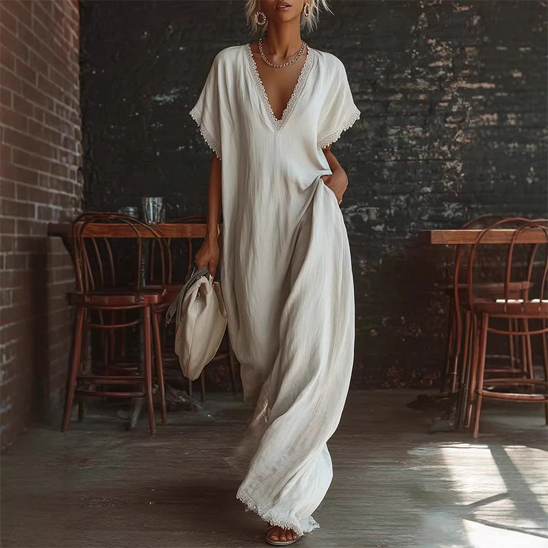 Linen Blend Lace Trim Maxi Dress