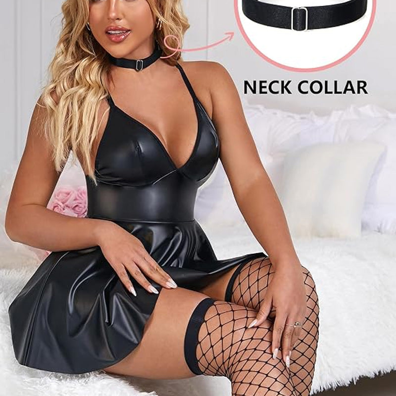 Glossy PU babydoll dress – an eye-catching style
