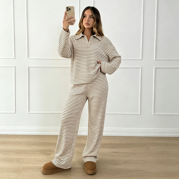 Striped Polo Neck Wide Leg Lounge Set
