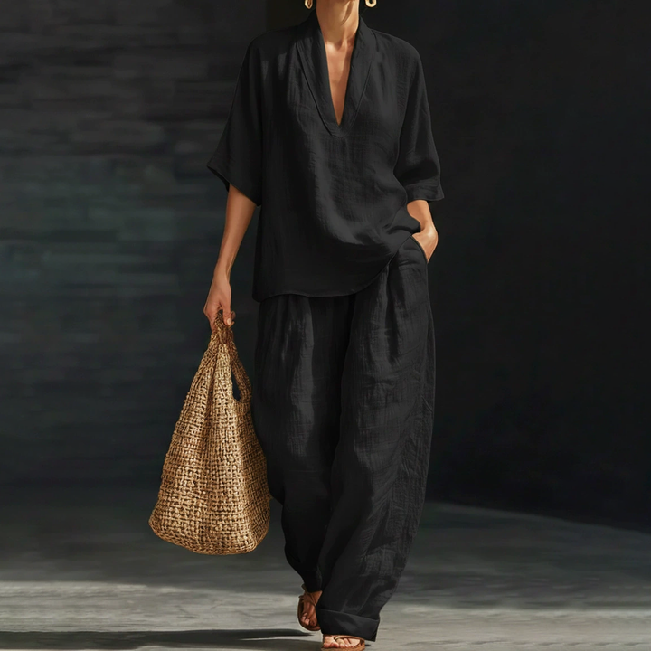Linen Blend V-Neck Wide Leg Lounge Set