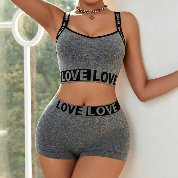 Women’s 2-Piece Activewear Set – Letter Print Crop Top &amp; Shorts