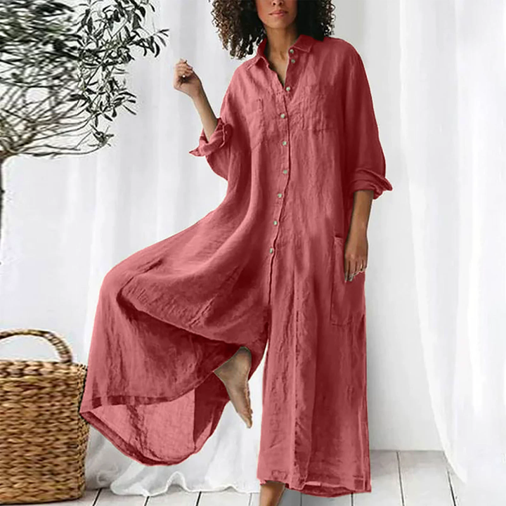 Linen Blend Long Sleeve Shirt Jumpsuit