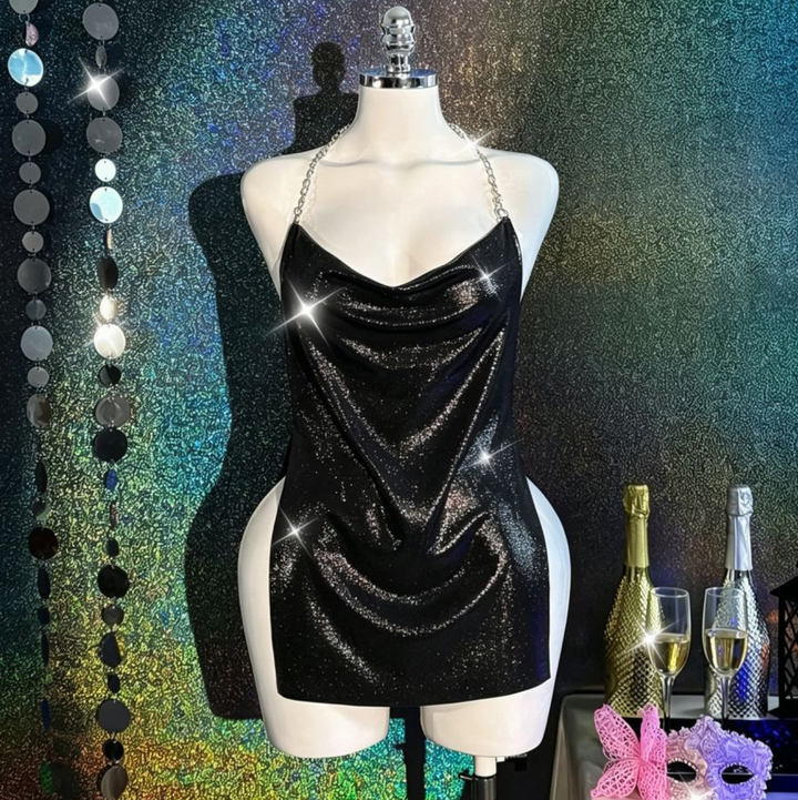Women’s Metallic Chain Halter Mini Dress