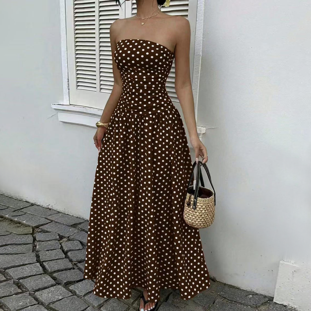 Strapless Polka Dot A-Line Maxi Dress