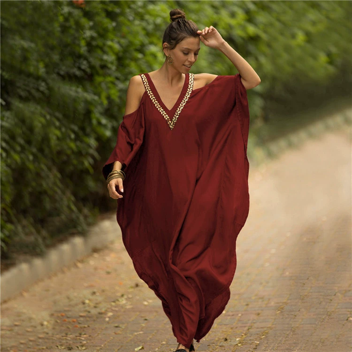 Embroidered Boho Beach Cover Up Maxi Dress