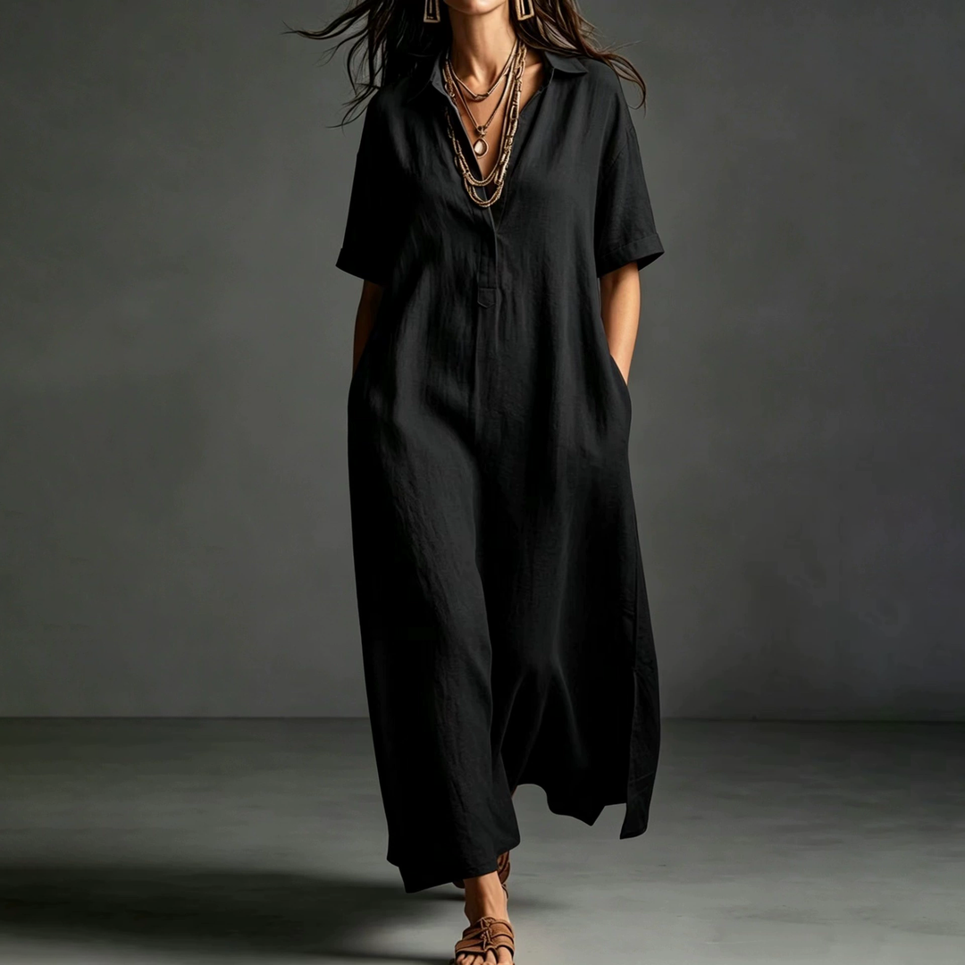 Linen Blend Collared Maxi Dress