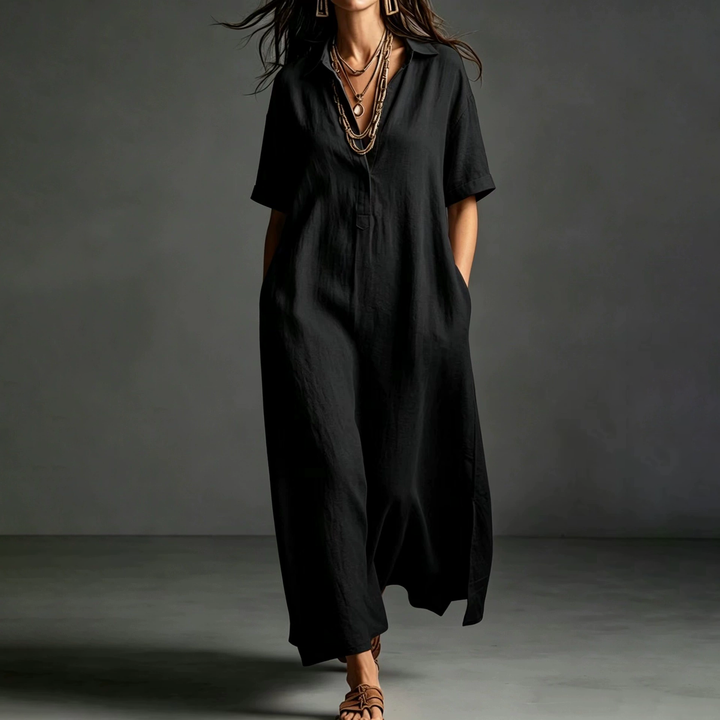 Linen Blend Collared Maxi Dress