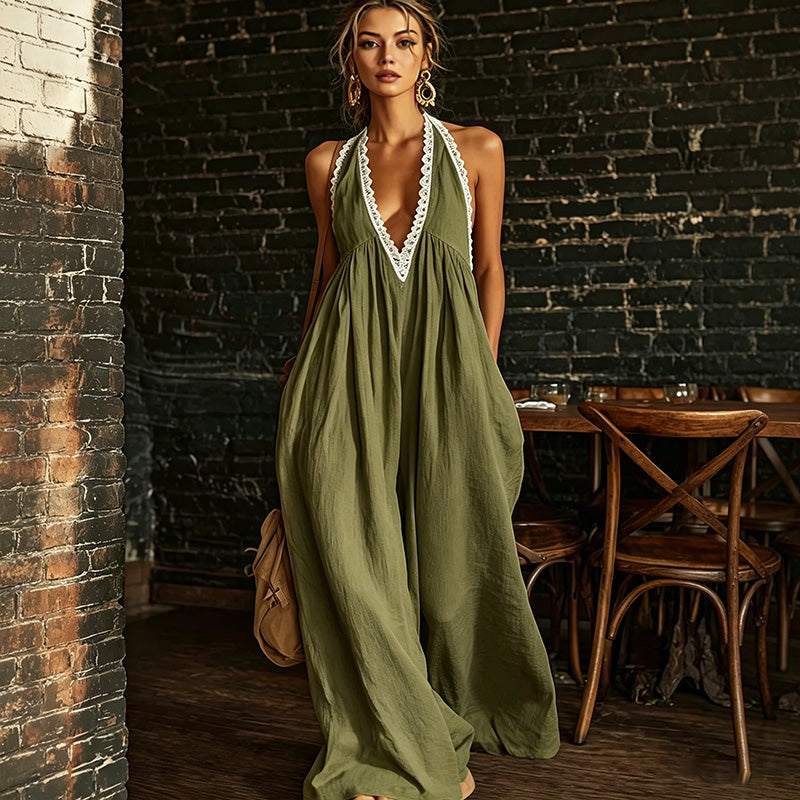Cotton Lace Trim Sleeveless Jumpsuit