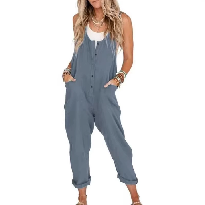 cotton and linen blend sleeveless loose jumpsuit