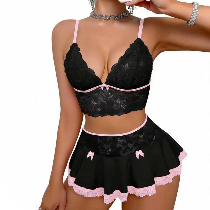 Women’s Lace Lingerie Set – Ruffle Skirt &amp; Garter Detail