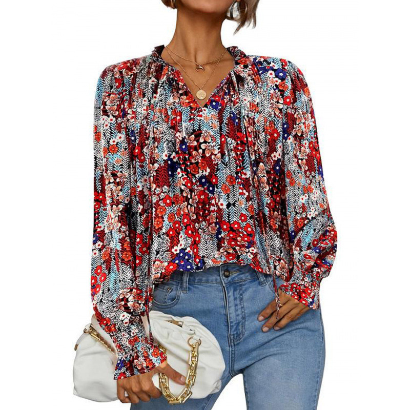 Tie Neck Puff Sleeve Chiffon Blouse
