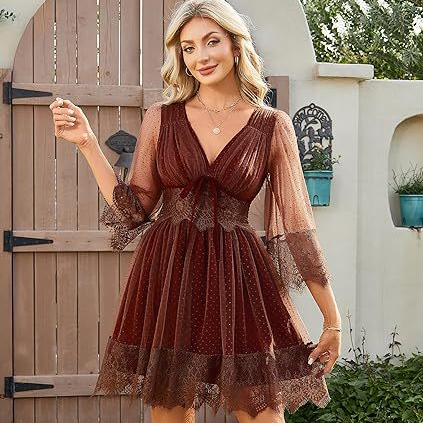 Elegant Lace Trim Swiss Dot Mini Dress