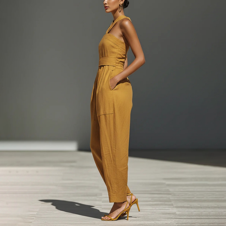 Linen Blend Cross-Front Wide Leg Jumpsuit
