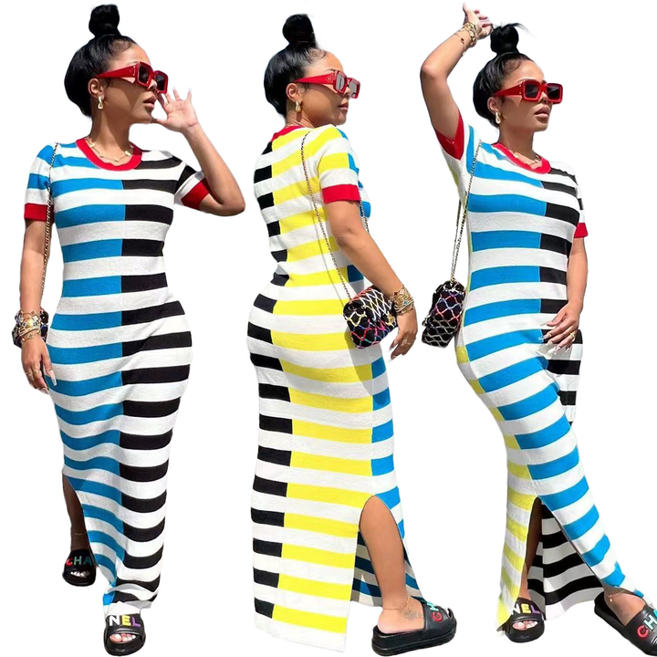 Colorblock Striped Slit T-Shirt Maxi Dress